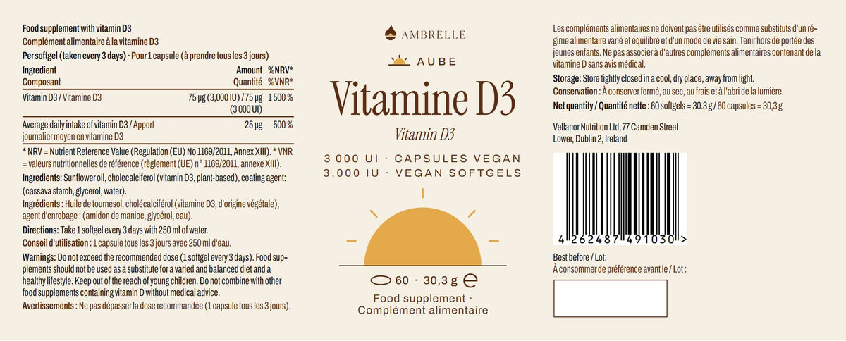 Vitamina D3 3.000 UI AMBRELLE: etichetta completa in piano