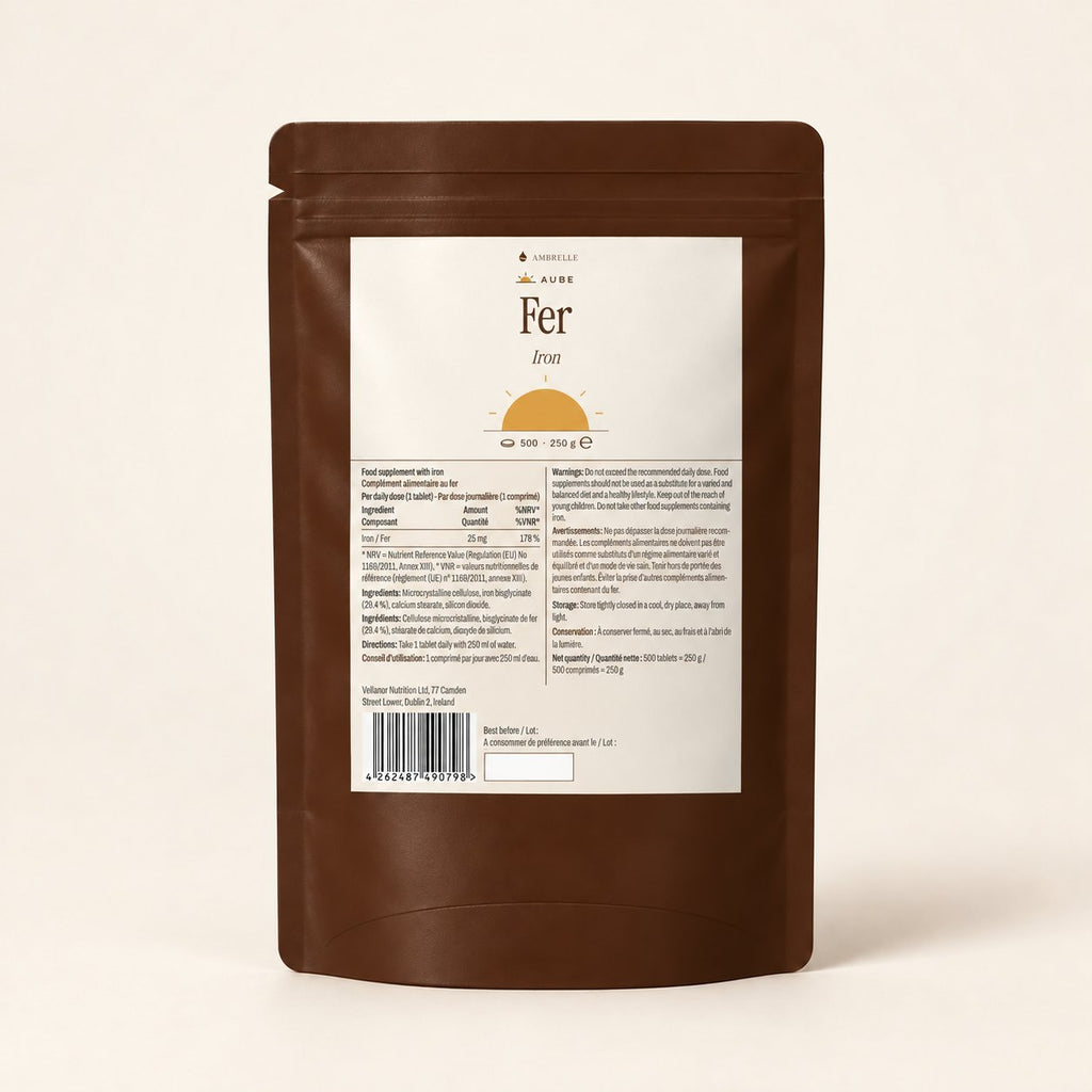 Iron Bisglycinate 25 mg by AMBRELLE on a plain ivory background