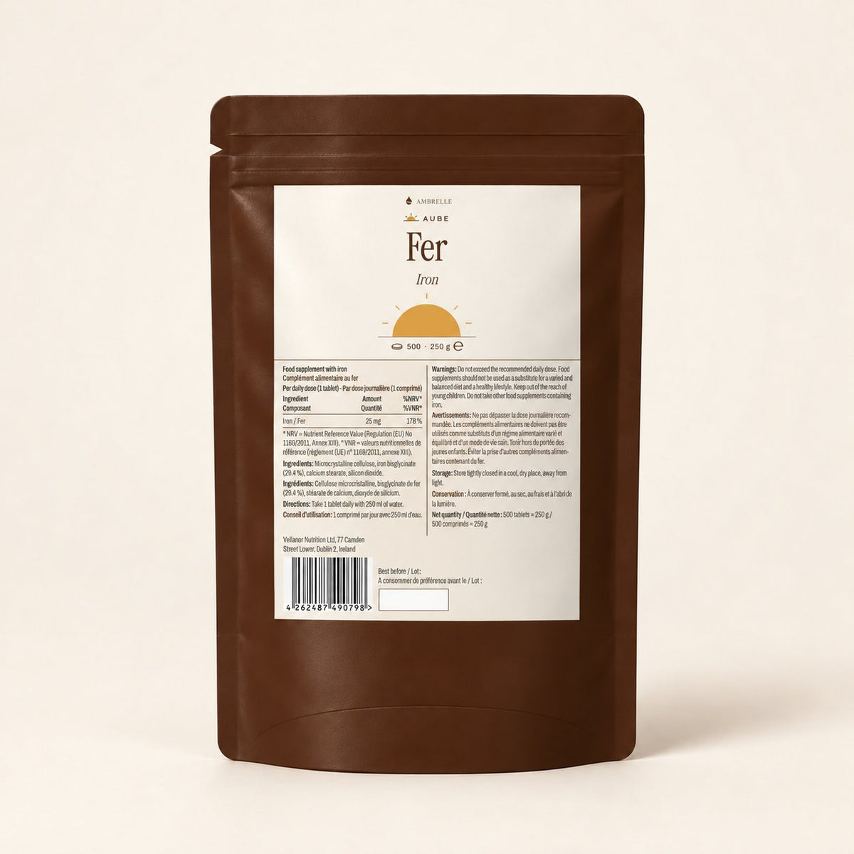 Iron Bisglycinate 25 mg by AMBRELLE on a plain ivory background