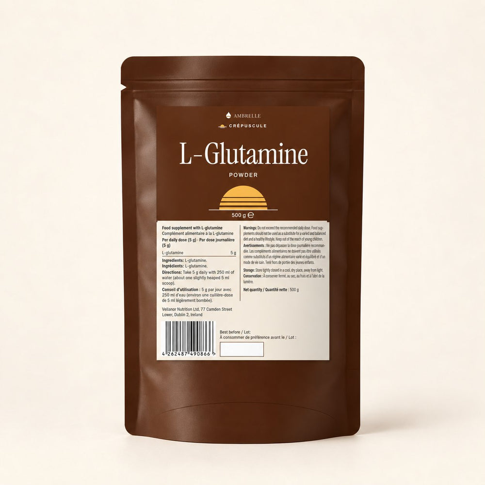L-Glutamine Powder by AMBRELLE on a plain ivory background