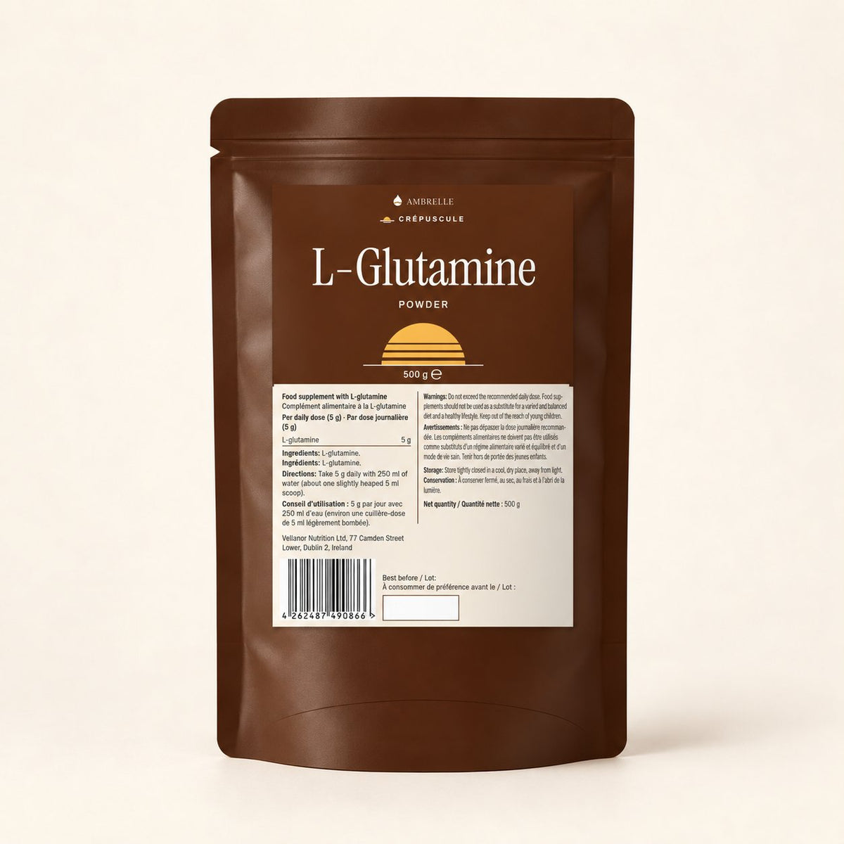 L-Glutamine Powder by AMBRELLE on a plain ivory background