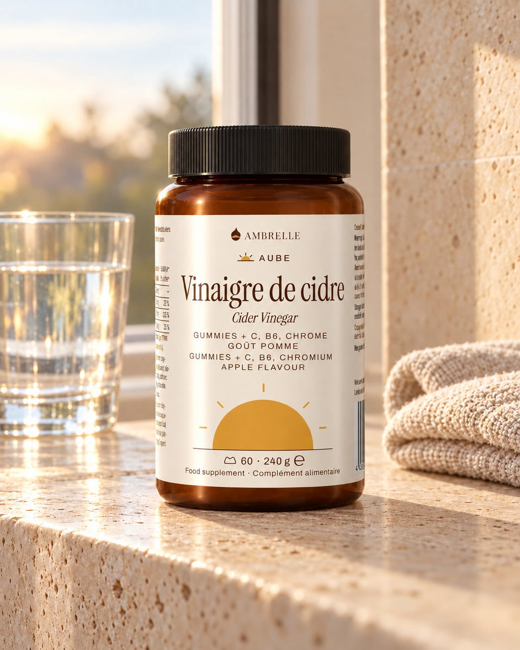 Apfelessig-Gummies von AMBRELLE auf einem Badezimmerregal aus Travertin bei Sonnenaufgang, mit einem Glas Wasser