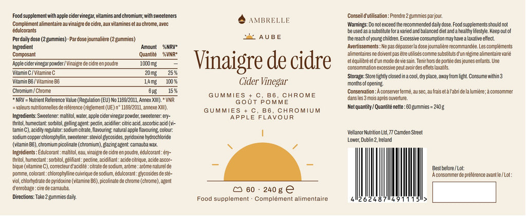Apfelessig-Gummies von AMBRELLE: vollständiges Etikett, flach