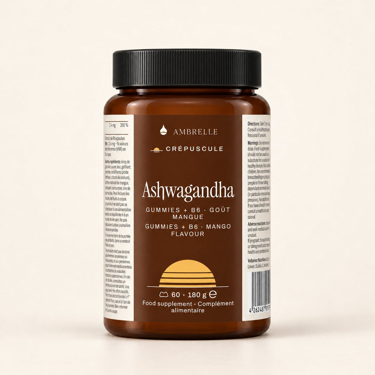 Pot de gummies ashwagandha + B6 AMBRELLE sur fond ivoire uni
