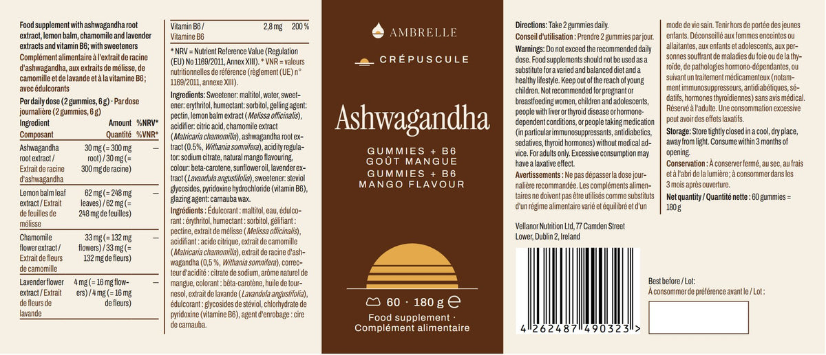 Pot de gummies ashwagandha + B6 AMBRELLE : étiquette complète à plat