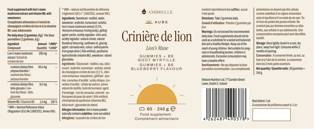 Pot de gummies crinière de lion + B6 AMBRELLE : étiquette complète à plat