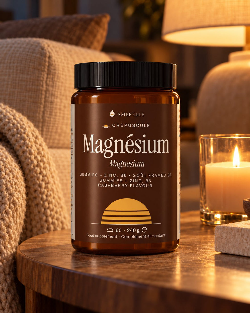 Magnesium + Zinc Gummies by AMBRELLE on a side table by a linen sofa, in warm lamplight