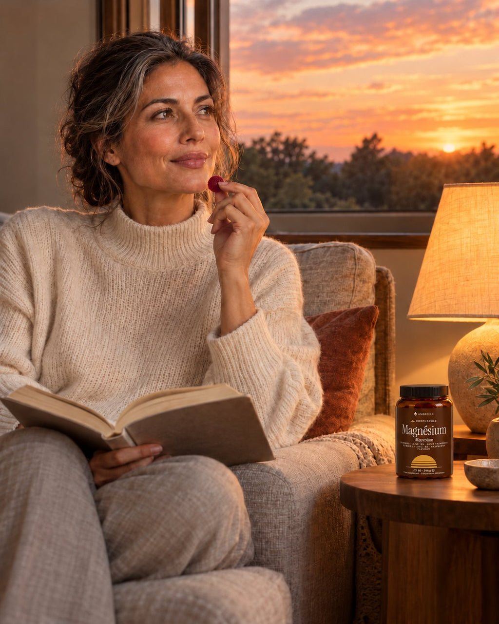 Magnesium + Zinc Gummies by AMBRELLE: a woman on a sofa with a book at sunset, a gummy in hand