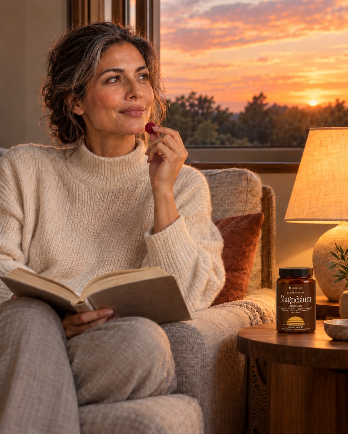 Magnesium + Zinc Gummies by AMBRELLE: a woman on a sofa with a book at sunset, a gummy in hand
