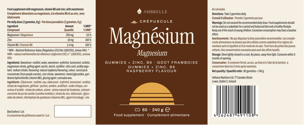 Magnesium + Zinc Gummies by AMBRELLE: full label laid flat