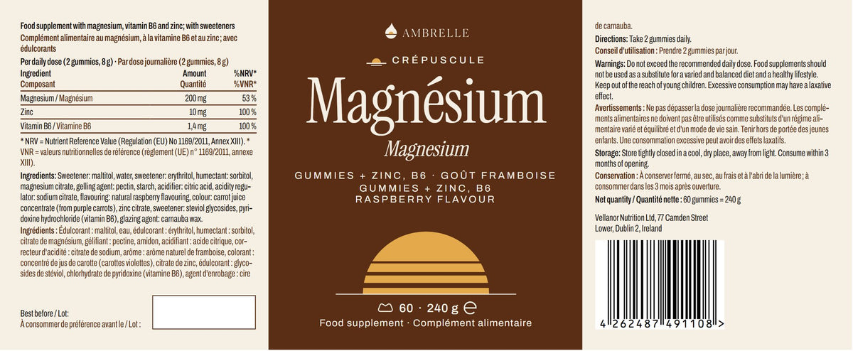 Magnesium + Zinc Gummies by AMBRELLE: full label laid flat