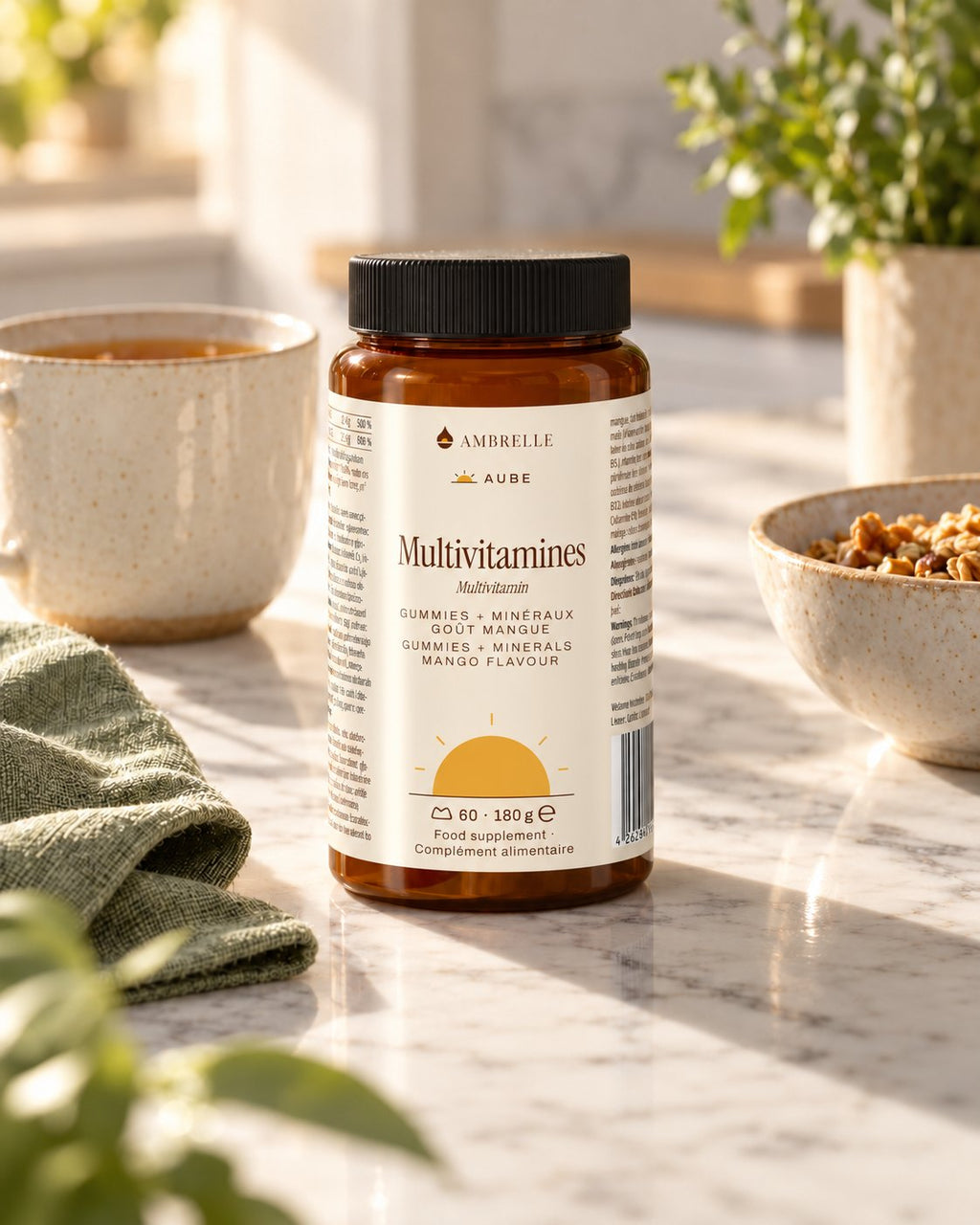 Multivitamin + Mineral Gummies by AMBRELLE on a marble kitchen counter at breakfast, next to a cup of tea