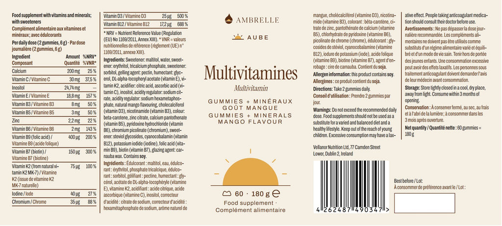Multivitamin + Mineral Gummies by AMBRELLE: full label laid flat