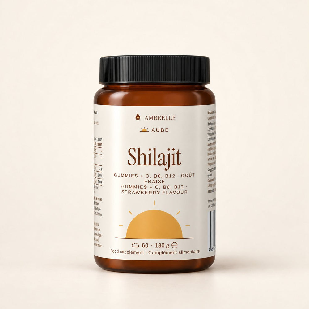 Shilajit Gummies + C, B6, B12 by AMBRELLE on a plain ivory background