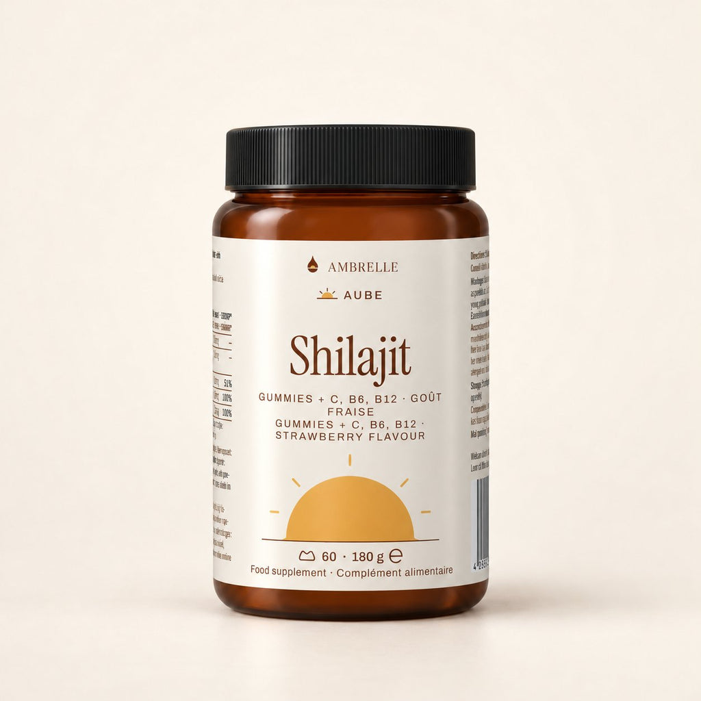 Shilajit Gummies + C, B6, B12 by AMBRELLE on a plain ivory background