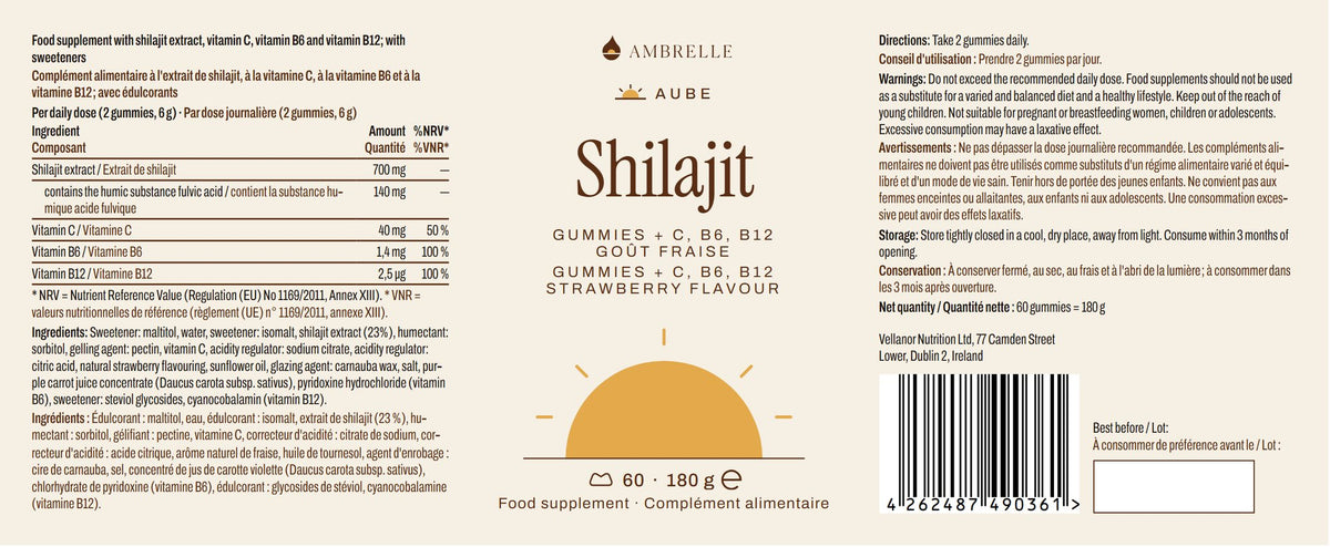 Shilajit Gummies + C, B6, B12 by AMBRELLE: full label laid flat