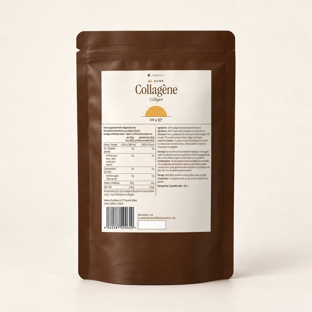 Sachet de collagène en poudre AMBRELLE sur fond ivoire uni