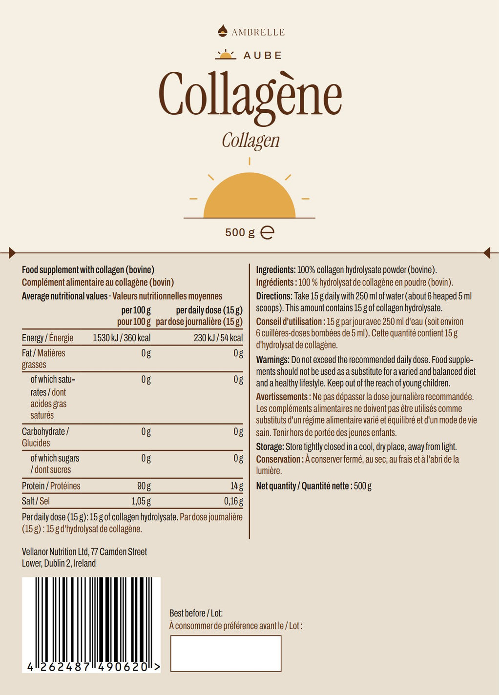 Sachet de collagène en poudre AMBRELLE : étiquette complète à plat