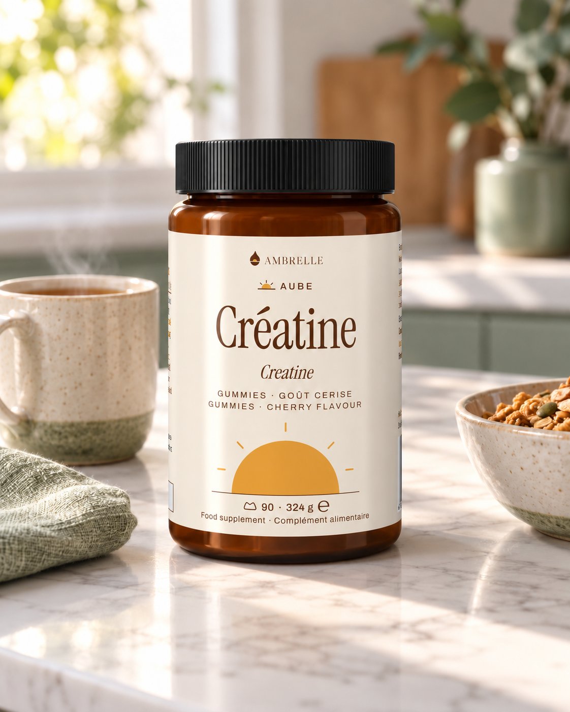Creatine Gummies, Cherry Flavour by AMBRELLE on a marble kitchen counter at breakfast, next to a cup of tea