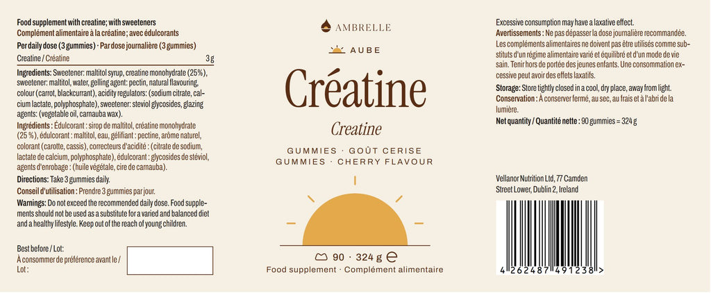 Creatine Gummies, Cherry Flavour by AMBRELLE: full label laid flat