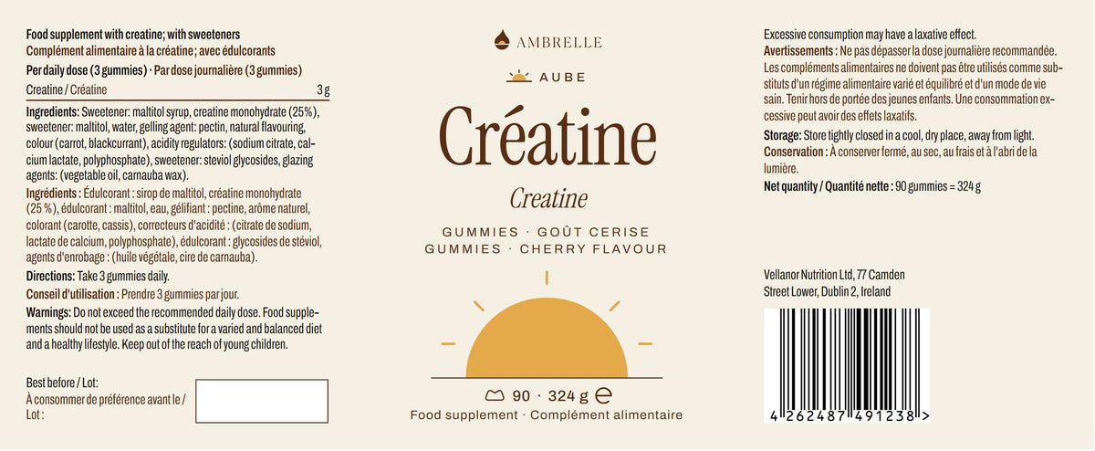 Creatine Gummies, Cherry Flavour by AMBRELLE: full label laid flat