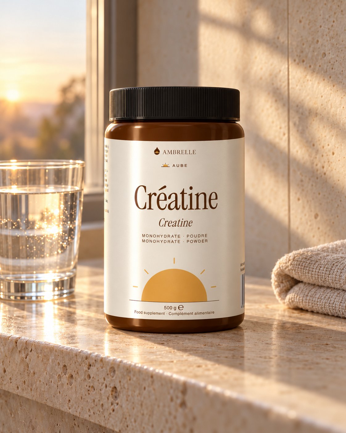 Creatine Monohydrate by AMBRELLE on a travertine bathroom shelf at sunrise, with a glass of water