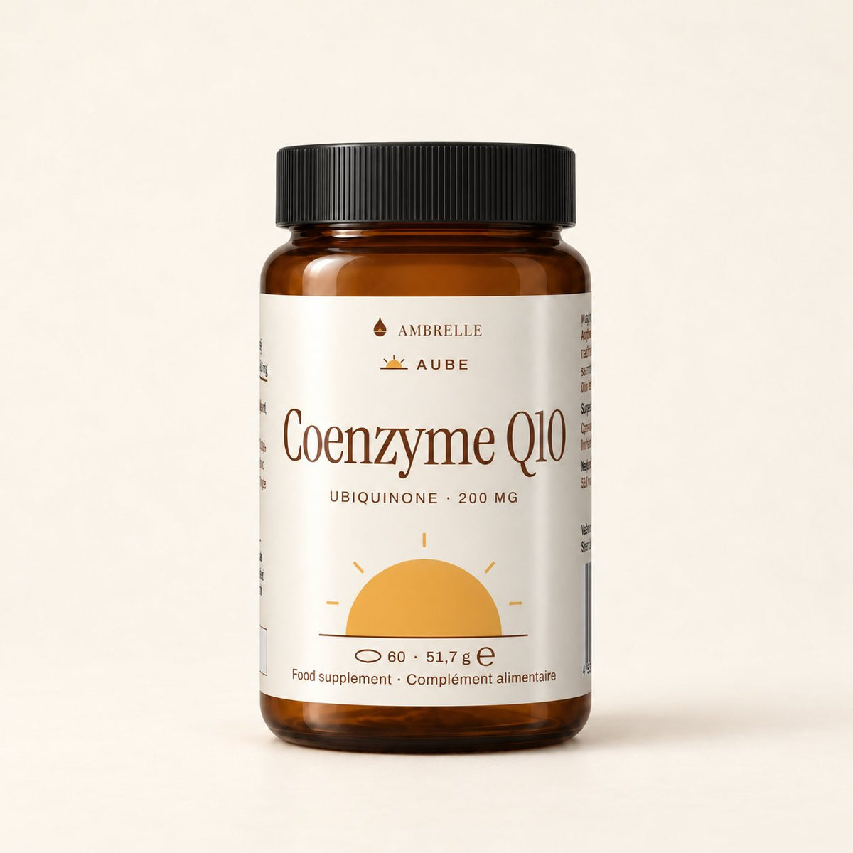 Coenzyme Q10 200 mg by AMBRELLE on a plain ivory background