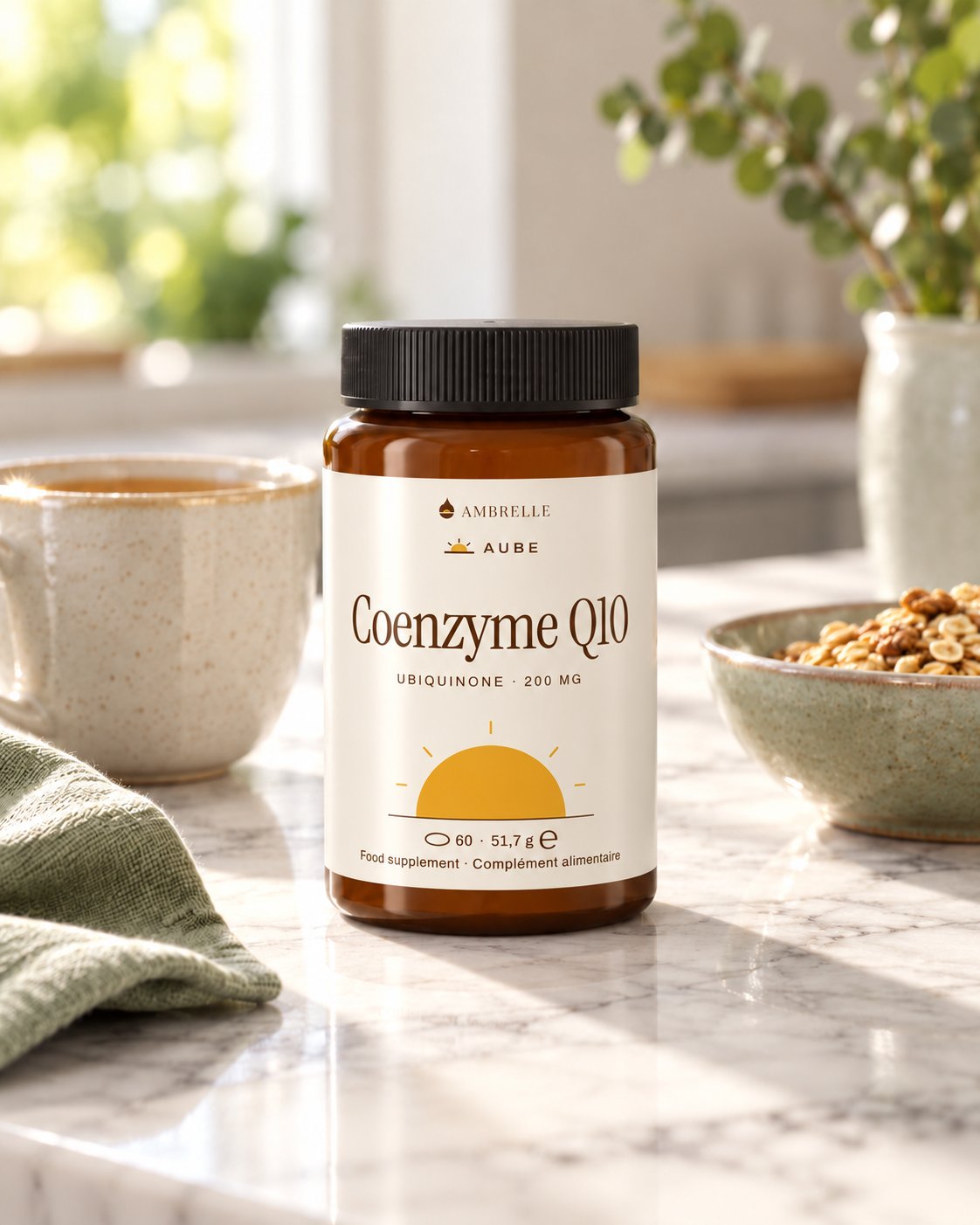 Coenzyme Q10 200 mg by AMBRELLE on a travertine bathroom shelf at sunrise, with a glass of water