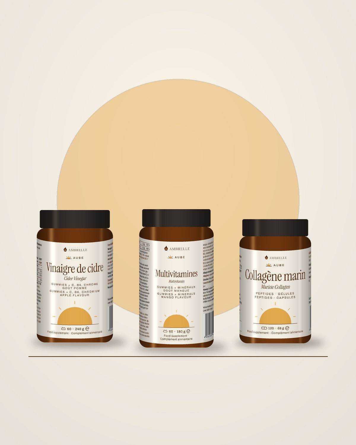 Coffret Collagène AMBRELLE : 3 pots côte à côte dans une lumière ambrée