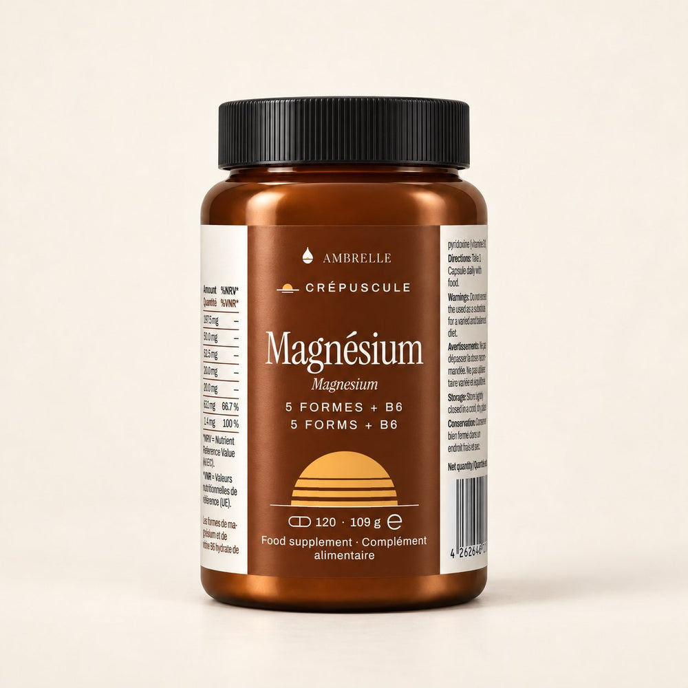 Magnesium 5 Forms + B6 by AMBRELLE on a plain ivory background