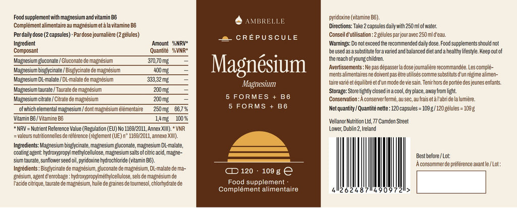Magnesio 5 forme + B6 AMBRELLE: etichetta completa in piano