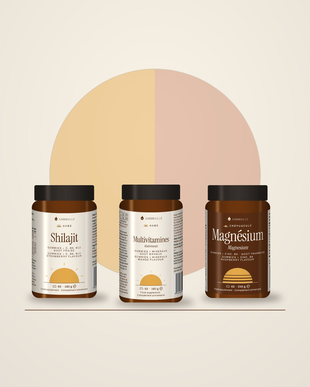 Gummies Trio by AMBRELLE: 3 jars side by side in warm amber light